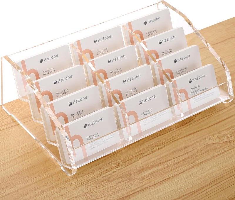 HeZone Business Card Holder Display for Desk Muitiple, Clear Acrylic Business card Stand Rack for Women and Men 12 slots 4Tier, Organize 600 cards (12 Slots - Image 1